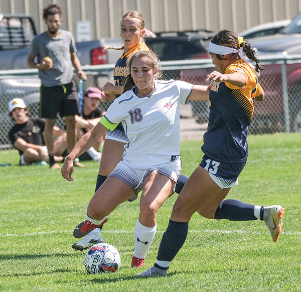 Peyton Roswadovski drives in to take a shot against Western Nebraska earlier in the season. Roswadovski netted her third goal of the season on Saturday to help the Trappers come back for a 3-2 victory in Riverton.
TRIBUNE PHOTO BY SETH ROMSA