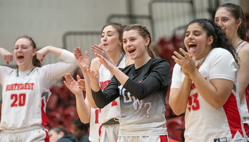 Natalyah Nead, Tyne Killip, Ashly Botz, Batoul Khaleefah and Yaiza Vacas-Lopez cheer from the Trapper bench during their victory over Eastern Wyoming.
TRIBUNE PHOTO BY CARLA WENSKY