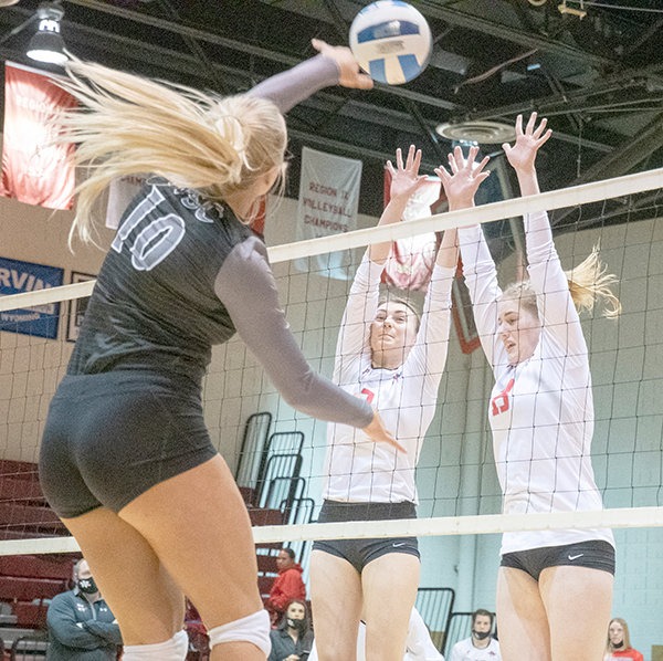 Northwest freshmen Sayler Larson and Karli Steiner go for a block Friday against Williston State College’s Sydney Labatte. The Trappers finished the non-conference portion of their schedule with a 10-5 record.
TRIBUNE PHOTO BY CARSON FIELD